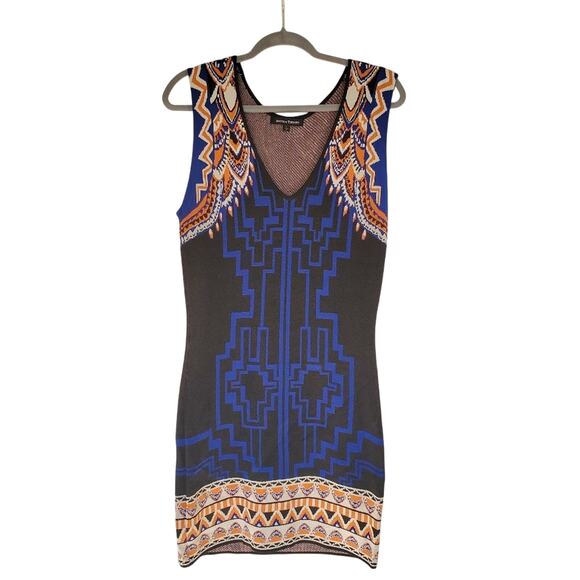 Jealous Tomato Geometric Bodycon Vibrant Blue Orange Retro Mini Dress Size Large - Picture 1 of 7